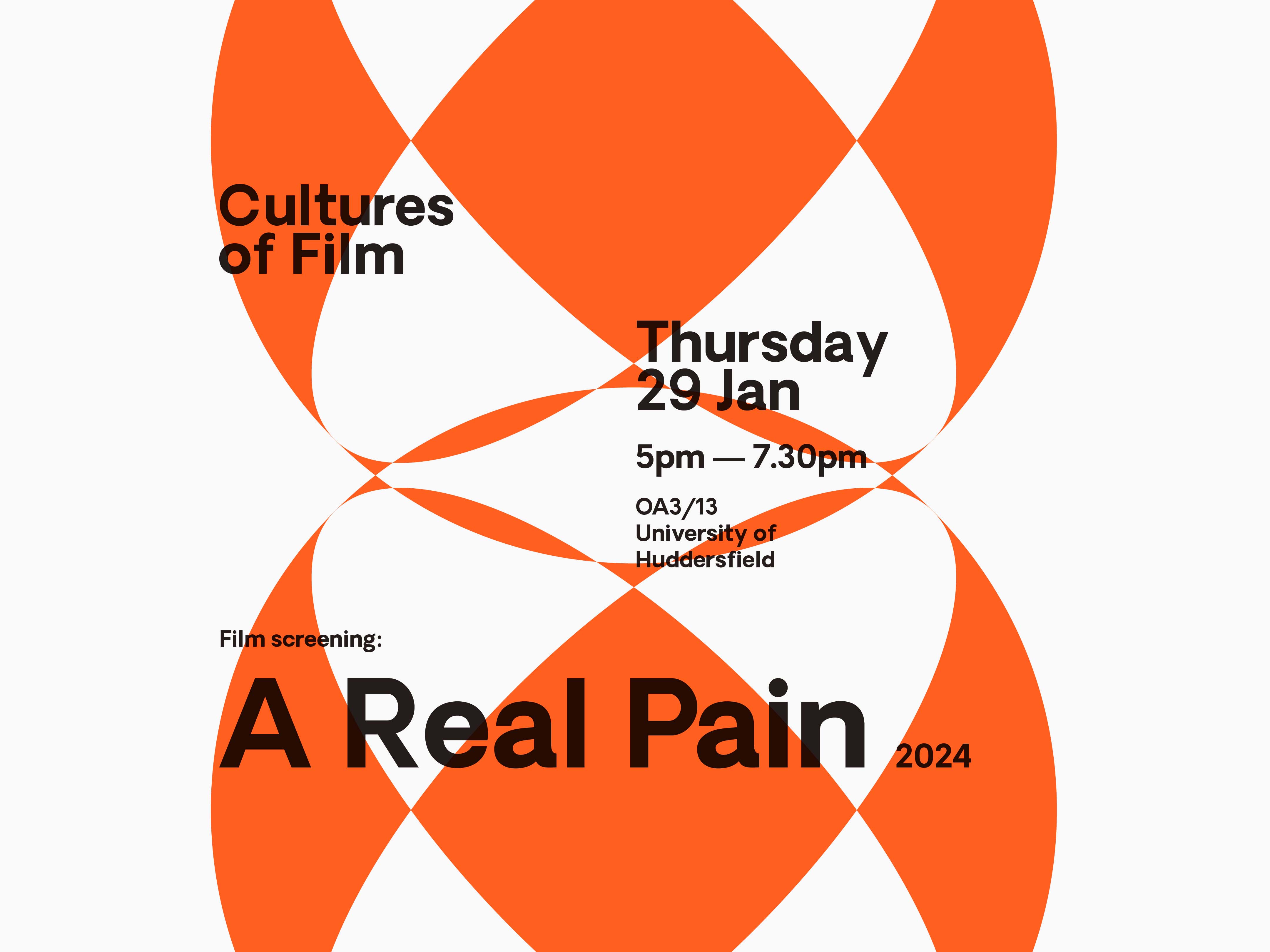 Orange circle pattern with black text saying A Real Pain