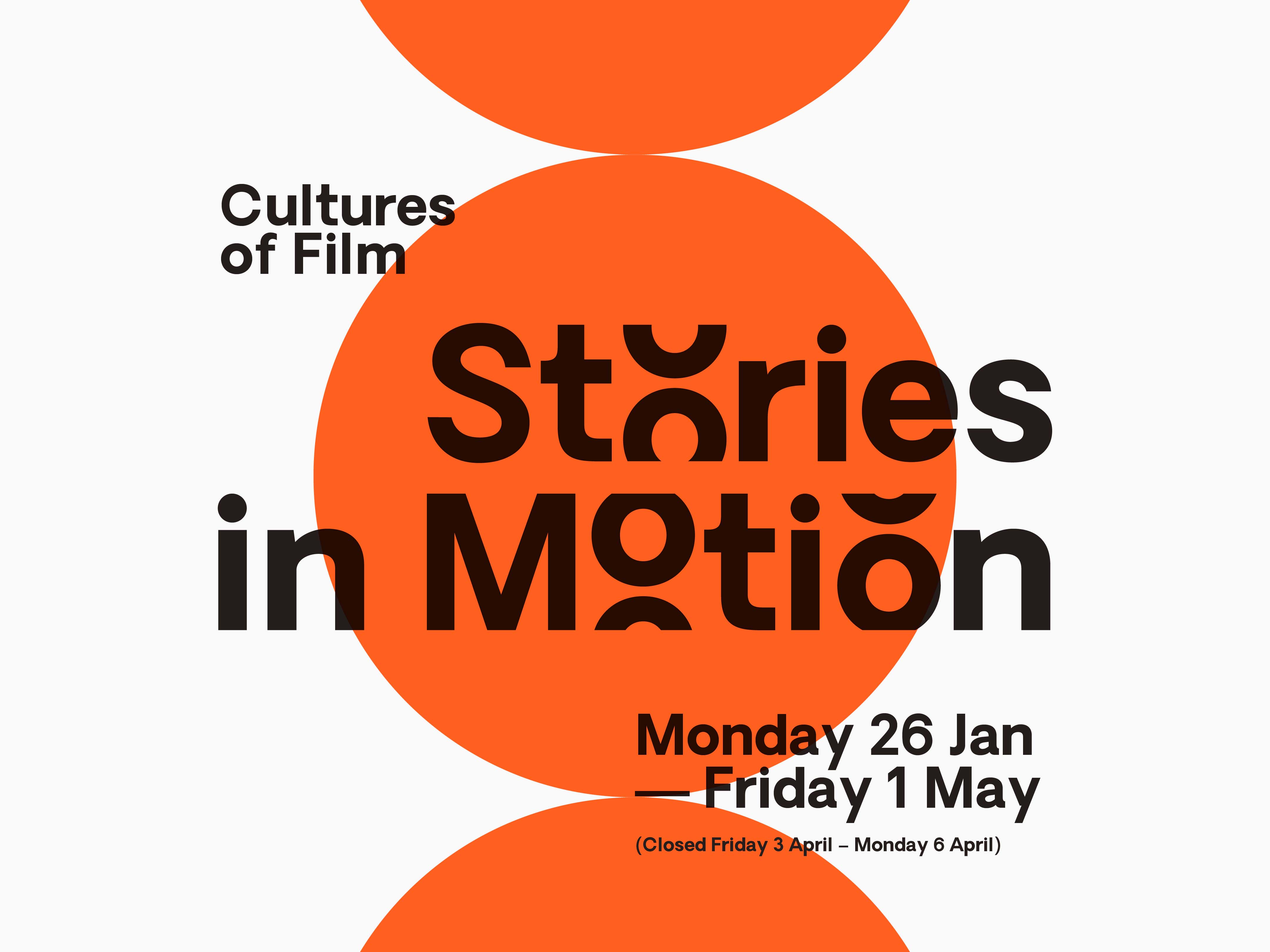 Orange circles with black text saying stories in motion