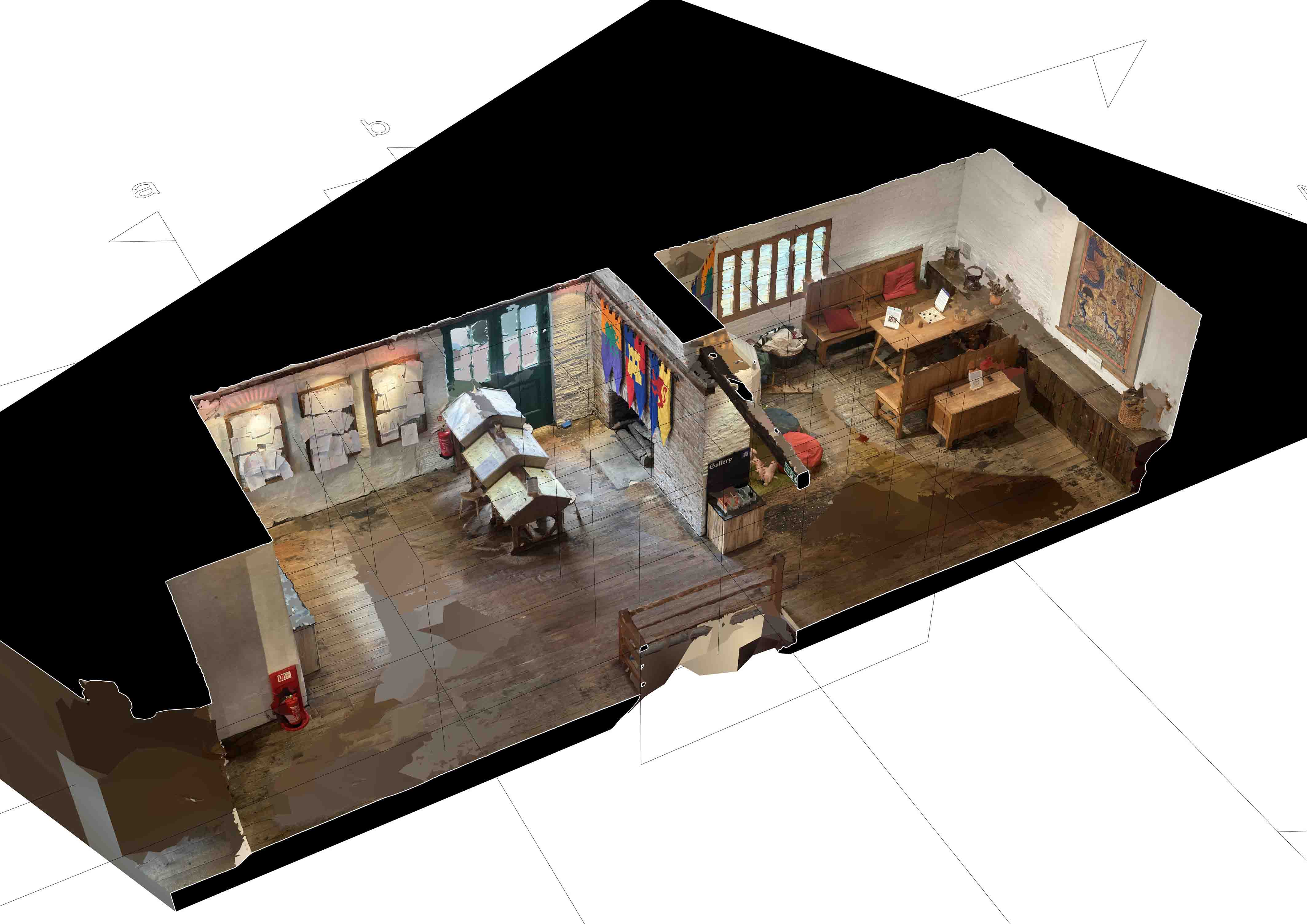 A 3D digital model of the inside of a building