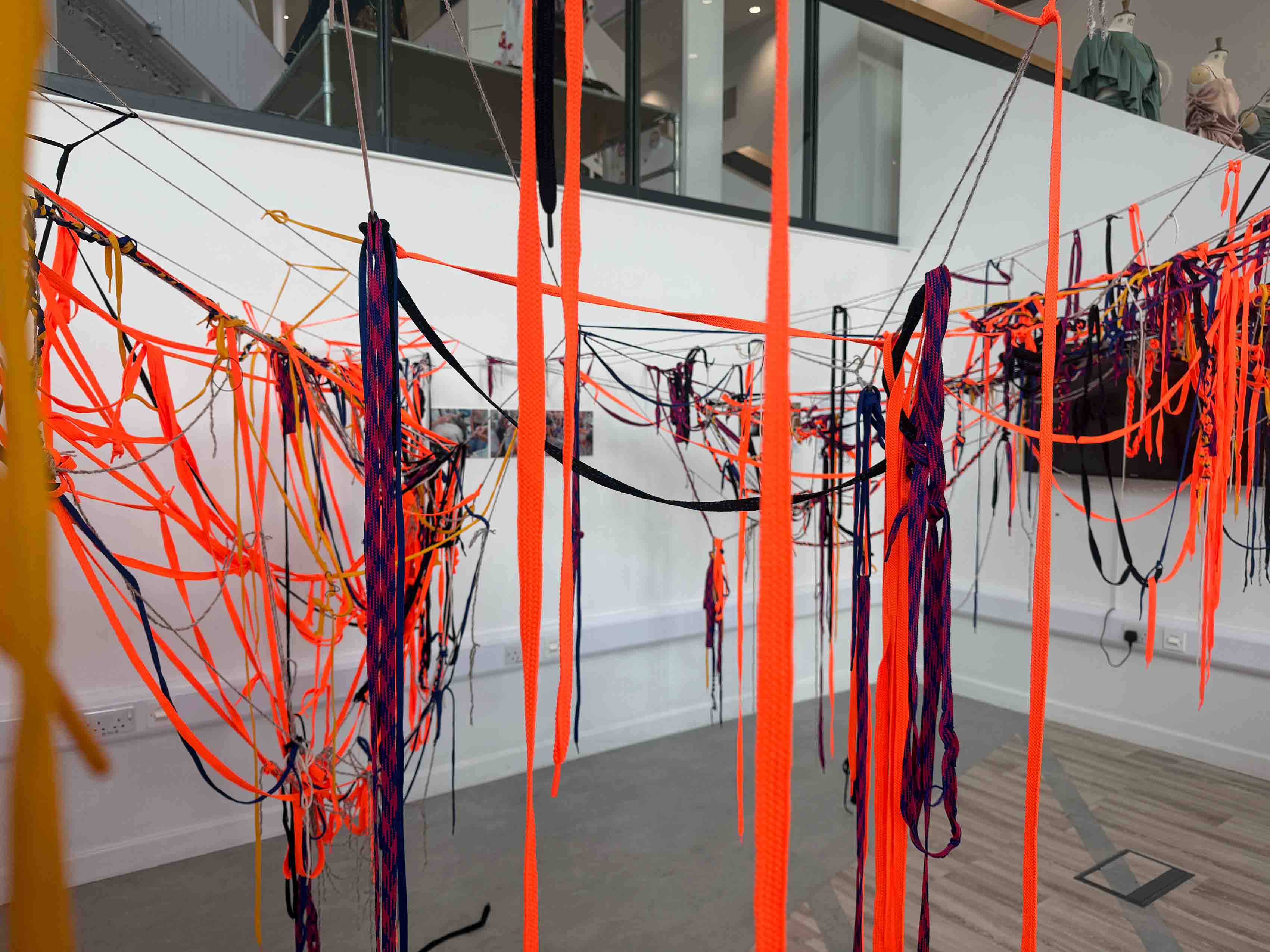 A tangle of brightly coloured shoelaces hanging from the ceiling