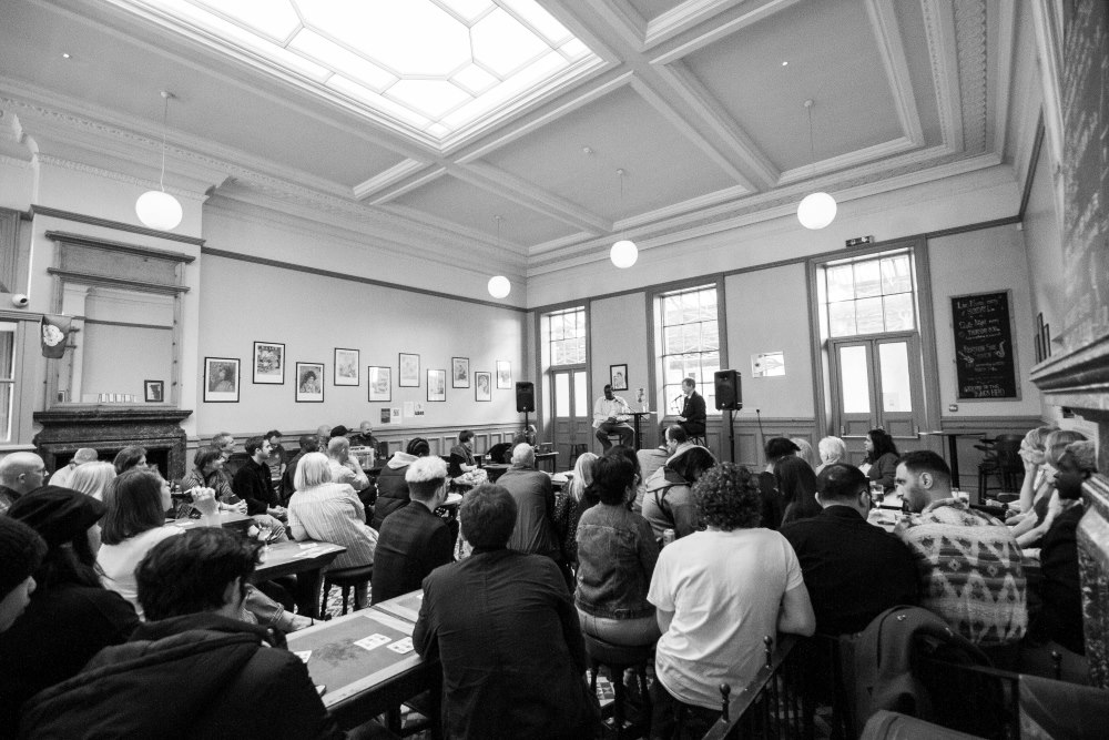 Photograph by Rob Lycett from the back of the pub showing the audience for the Tainted Love book launch