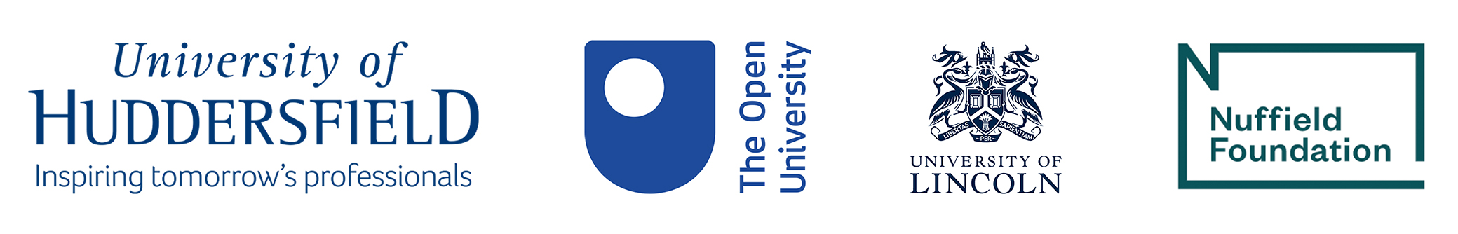 A banner image containing the logos for the University of Huddersfield, The Open University, University of Lincoln and the Nuffield Foundation