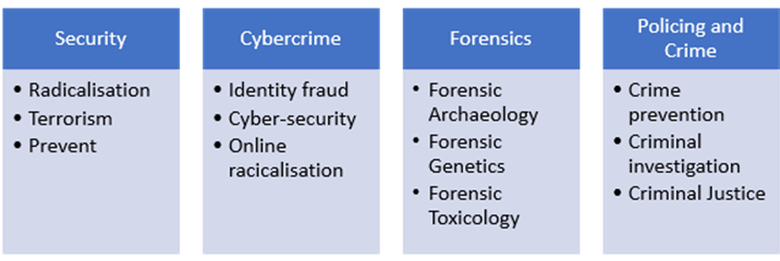 Research Themes under four headings: Security (Radicalisation, Terrorism, Prevent); Cybercrime (Identify fraud, cyber-security, online radicalisation); Forensics (Forensic Archaeology, Forensic Genetics, Forensic Toxicology); Policing and Crime (Crime Prevention, Criminal Investigation, Criminal Justice)