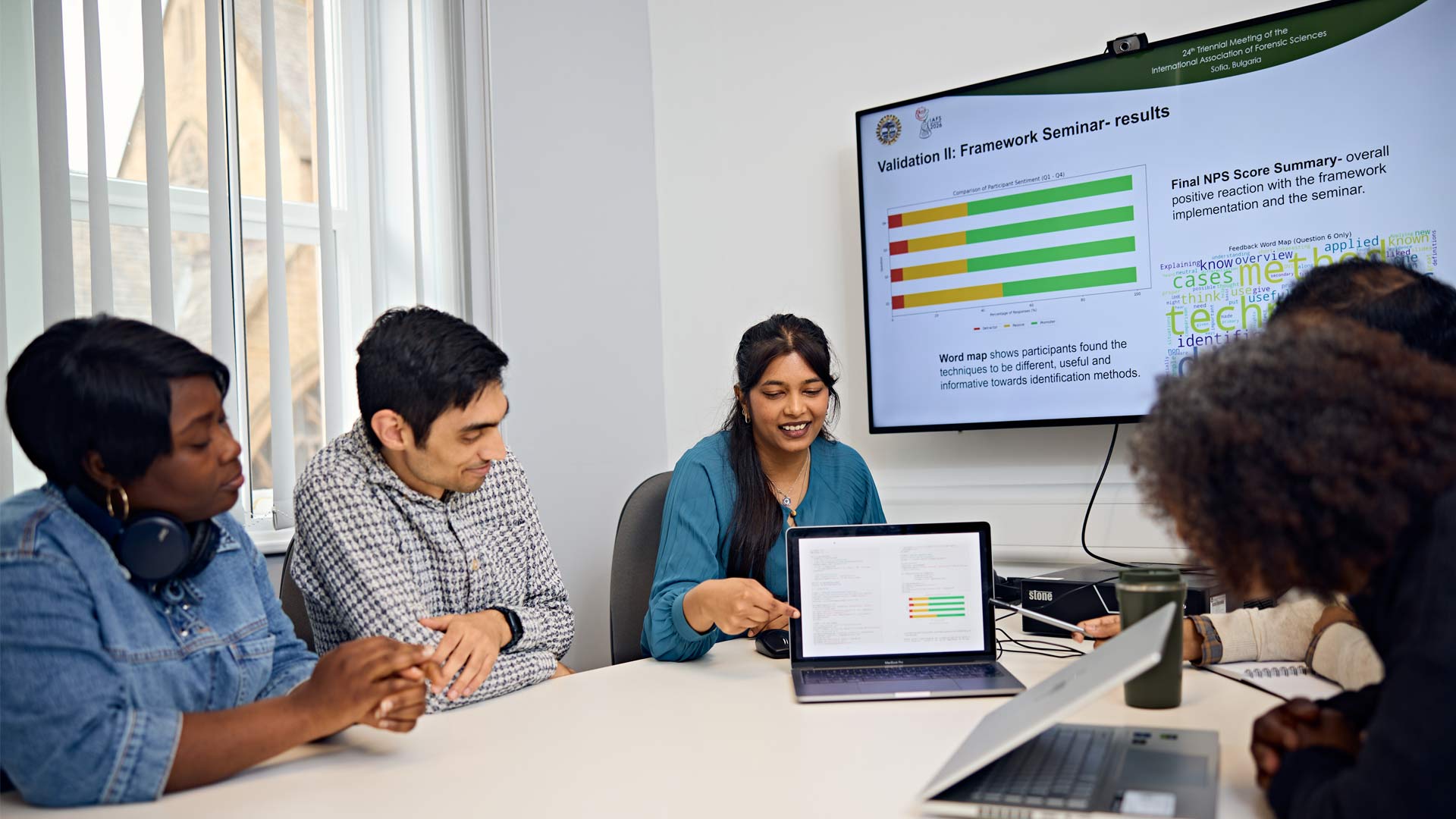 Researcher students discussing results of a research project together