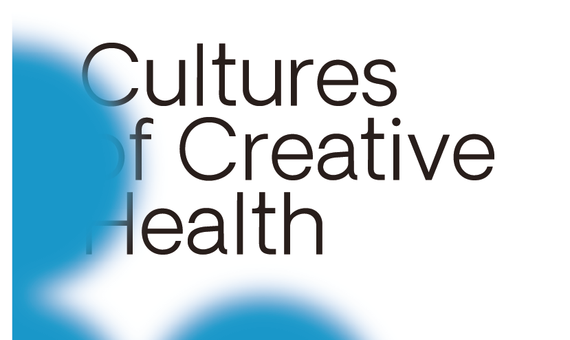 A white book cover with four blue dots and the words Cultures of Creative Health in black.